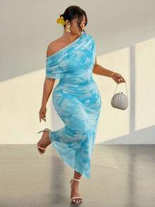 Firerie Vestido largo de verano con estampado completo, ajustado, con hombro asimétrico y de moda, talla grande - Azul - Ver 1
