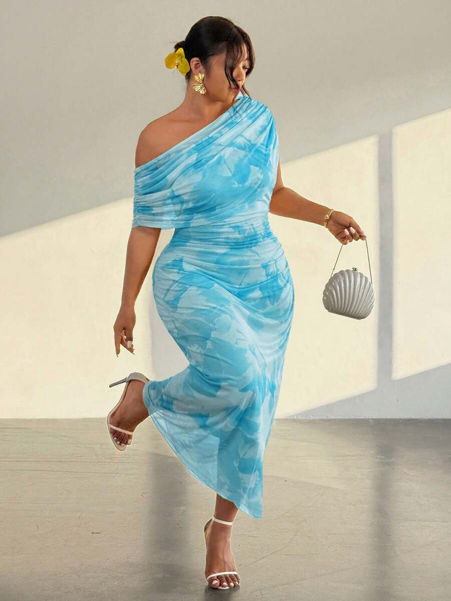 Firerie Vestido largo de verano con estampado completo, ajustado, con hombro asimétrico y de moda, talla grande - Azul - Ver 1