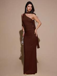 Vestido de malla ajustado con drapeado asimétrico, elegante y sexy vestido de gala para fiesta, boda, cumpleaños, Navidad, Halloween - Amarillo claro - Café integral - Ver 4