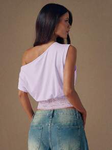 SHEIN BAE Blusa Fashionável Assimétrica de Ombro com Recortes em Renda de Tricô Preto para Mulheres, Outono/Inverno - Malva - Visão 2
