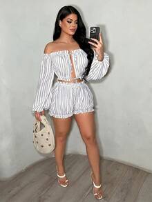 SHEIN SXY 女士度假休闲条纹露肩短款上衣和短裤两件套 - 藍色 - 查看 4