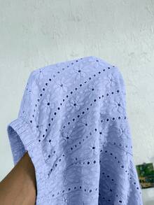 SHEIN Conjunto de pijama casual de mujer con manga corta, hombro asimétrico y lazo textural - Azul - Ver 6