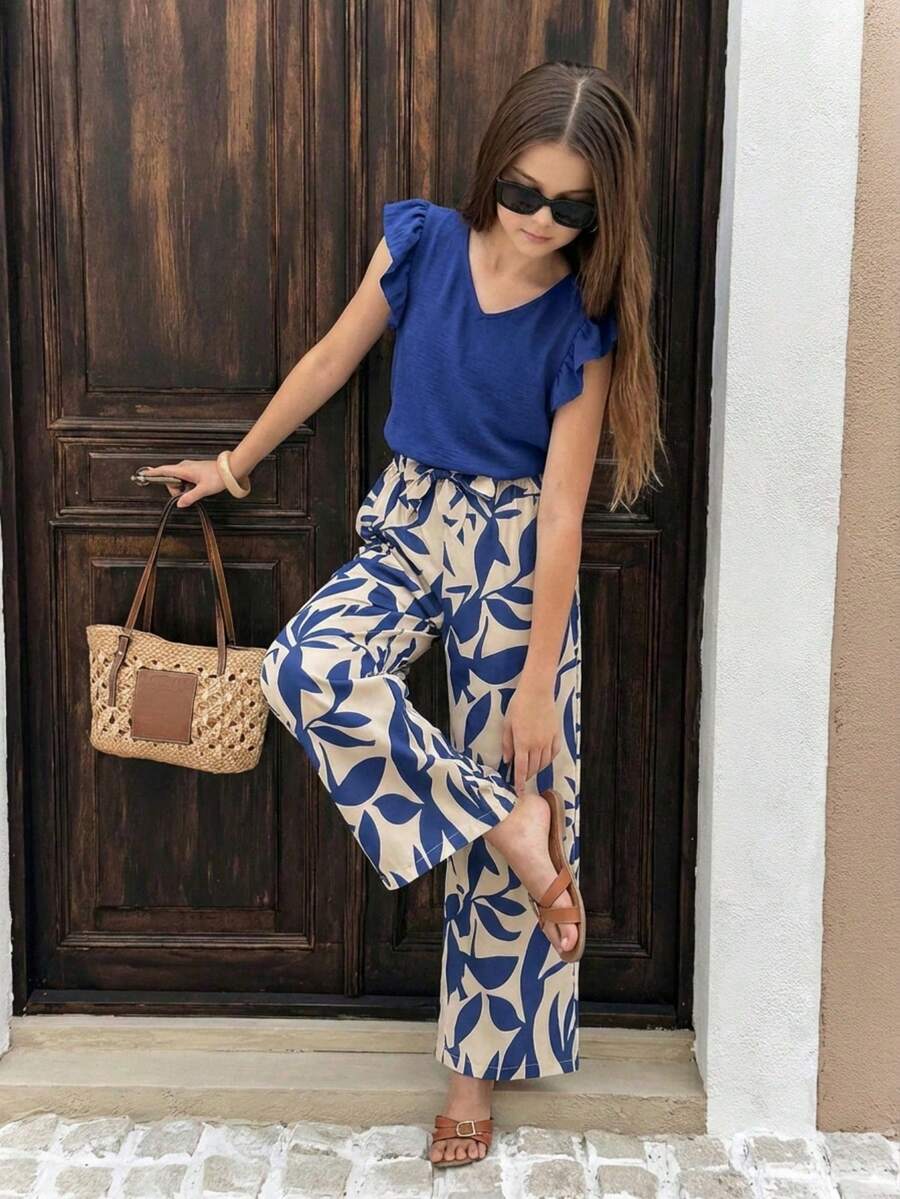 2pcs/Set Teen GirlVacation Casual Cap Sleeve Shirt With Floral Pants, Suitable For Beach & Leisure - Royal Blue - View 1
