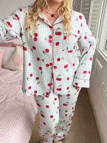 Slumberry CURVE Cute Plaid Cherry Print Open Front Plus Size Pajama Set - Multicolor - View 5