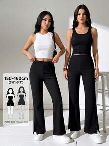 SHEIN PETITE Split Hem Flare Leg  Black Pants - Black - View 8