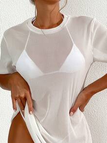 Swim Basics Women's Solid Color Round Neck Short Sleeve Cover-Up Dress, Vacation - White - View 4