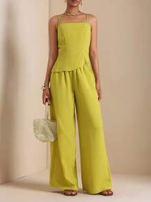 Lyxana Set di canotta e pantaloncini casual minimalista a tinta unita, adatto per l'uso quotidiano in estate - Verde - Visualizzare 5