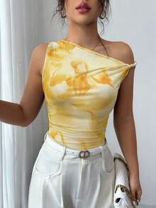 Selianne Damen Bluse mit asymmetrischer Schulter und Blume Muster, figurbetonter modischer Schnitt - Gebrannte Orange - Übersicht 4