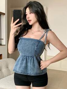 DAZY Women's Knotted Shoulder Strap Fashionable Denim Camisole - Blue - View 7