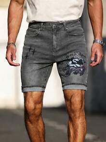 Manfinity LEGND Quần short denim nam thời trang thường ngày hiệu Mỹ, in chữ Angel và ngôi sao, chất liệu denim mài, thích hợp cho mùa hè. - Xám - Xem 6