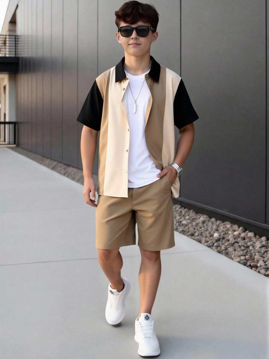 Vacaura 2 pièces/Set Chemise à col polo rayée et patchwork d'été pour garçons adolescents, et short décontracté assorti - Nude - Voir 1