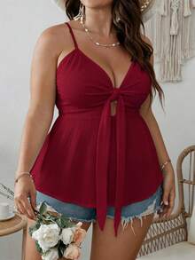 SHEIN VCAY Top de verano con volantes y nudo delantero en talla grande - Burdeos - Ver 5