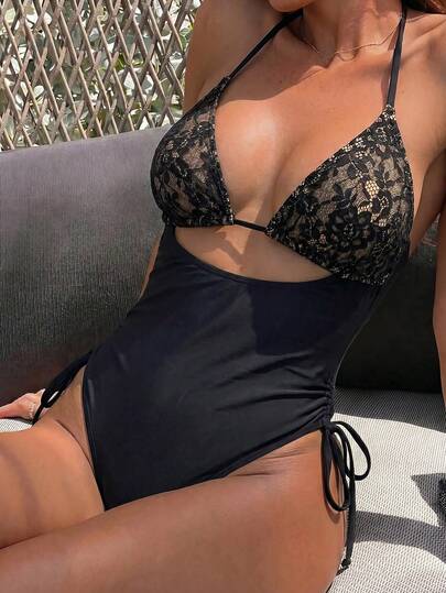 Bonvoyette New Arrival Spring/Summer Women's One-Piece Swimsuit, Sexy Casual Beach Vacation Hollow-Out Elegant Lace Solid Black Halter Tie-Up Beach Outfit One-Piece Swimwear