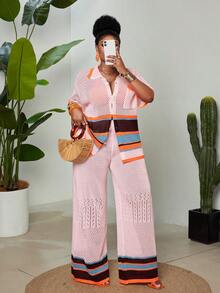 Maweii Bộ đồ 2 mảnh cỡ lớn dành cho nữ, phong cách retro, bohemian, thường ngày, tối giản, thoải mái, phù hợp cho kỳ nghỉ, bãi biển, dã ngoại, gồm áo cardigan dệt kim dáng rộng, cổ ve lật, túi bên hông, tay ngắn, cài cúc, họa tiết sọc nhiều màu sắc, khoét lỗ và quần ống đứng cạp chun. - Nhiều màu - Xem 6