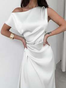 YkhahaFirerie Vestido elegante asimétrico de hombro con pliegues y bajo de cola de sirena en color verde, adecuado para citas, vacaciones, bodas, eventos, regreso a la escuela, graduación, vestido de dama de honor formalYkhaha - Blanco - Ver 3