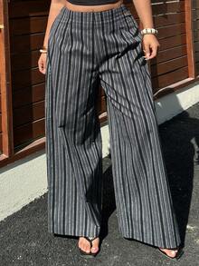 Dazy Plus Plus Size Women Elastic Waist Striped Wide Leg Loose Casual Pants - Navy Blue - View 8