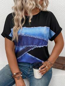 Selamara Áo thun nữ cỡ lớn, kiểu dáng mới về mùa xuân/hè, chất liệu giả denim phối họa tiết, cổ tròn, tay ngắn, phong cách thường ngày, đa năng. - Nhiều màu - Xem 5