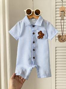 SHEIN Baby Boy Short Sleeve Lapel Cute Animal Print Snap-Up Romper, Infant Summer Lapel Jumpsuit, Suitable For Spring & Summer, Fits 3M-24M - Blue and White - View 3