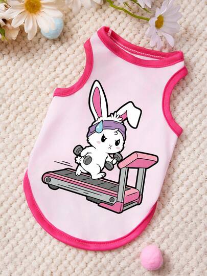 PETSIN 1pc Exercise Weight Loss Lifting Dumbbell Rabbit Printed Pet Tank Top Pink Patchwork Rose Red Casual Style Gentle Breathable Anti Hair Loss Pet Clothing