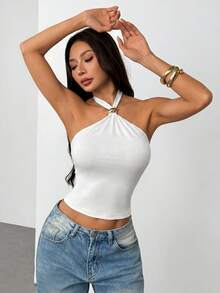 SHEIN PETITE 女士纯色金属装饰时尚修身露背上衣，适合音乐会、节日派对等场合 - 白色 - 查看 4