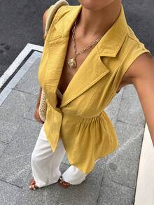 Áo cardigan/áo vest ngắn tay màu vàng dáng rộng thoải mái dành cho nữ, phù hợp công sở/dạo phố/dự tiệc, có dây buộc eo, kiểu dáng mùa xuân & hè. - Màu vàng - Xem 5