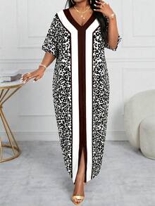 SHEIN Lady CURVE 大码女式V领撞色休闲派对连衣裙 - 彩色 - 查看 3