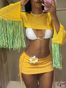StreetHx Streetwear Tropical Women's Solid Color Off-Shoulder Cropped Fringe Long Sleeve Sweater Top, Autumn, Vacation Outfits Women, Beach Outfits - Yellow - View 1