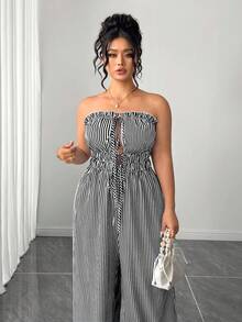 SHEIN Tall CURVE 大码女式条纹抹胸系带休闲日常连体裤 - 黑與白 - 查看 4