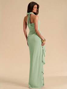 SHEIN BAE Spring & Summer Bridesmaid Dress, Deep V-Neck Halter Ruffle High Slit Ruffled Wrap Long Red For Women, Elegant Maxi - Mint Green - View 2