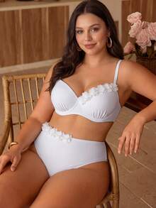 Swim Chiccia Conjunto de bikini de 2 piezas de color blanco sólido con estampado floral de moda casual de vacaciones para mujer de talla grande, con tirantes ajustables, cintura alta y abertura alta en las piernas con forma de triángulo - Blanco - Ver 1