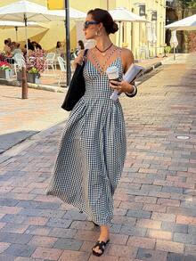 Siren Gaze 女士休闲格子交叉肩带度假连衣裙 - 黑與白 - 查看 6