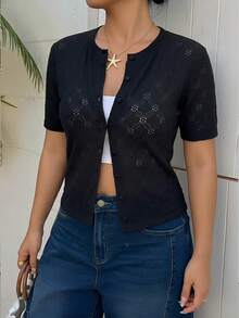 Dazy Plus Cárdigan de mujer de jacquard con textura y calado, casual y elegante para primavera/verano - Negro - Ver 5