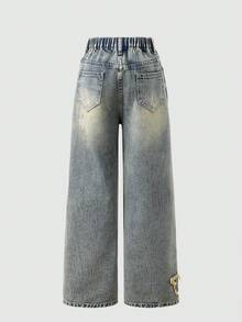 Tween Girls' Retro Casual Fashionable Blue Distressed Patch Five-Pointed Star Embroidery Straight Leg Jeans, Vacation & Leisure Style - Blue - View 2