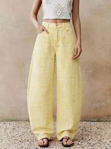 Anewsta 女士时尚优雅浪漫派对休闲度假红色波西米亚风印花牛仔裤，春夏款 - 黃色 - 查看 2