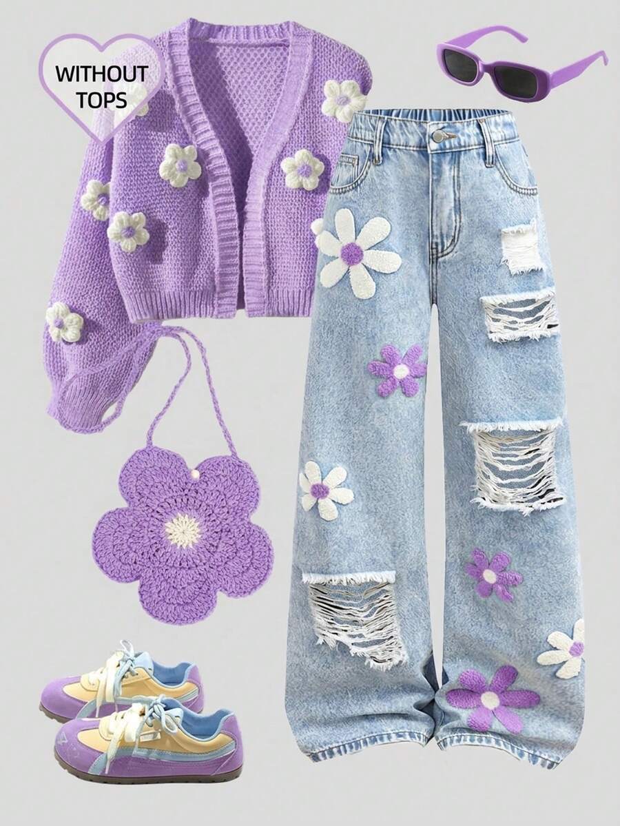 Girlism Tween女孩時尚破洞刺繡寬腿牛仔褲,復古水洗丹寧,Y2K風格,休閒可愛復古,適合日常出遊、學校、聚會、居家、度假、返校季、節慶,破洞刺繡牛仔褲,適合夏季假期、秋冬日常穿著、校園休閒、返校季、旅行與休閒搭配 - 淺色水洗藍 - 查看 1