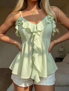 CovetEZ Áo camisole nữ màu trơn, viền bèo nhún, kiểu dáng thường ngày, đa năng. - màu xanh lá - Xem 1
