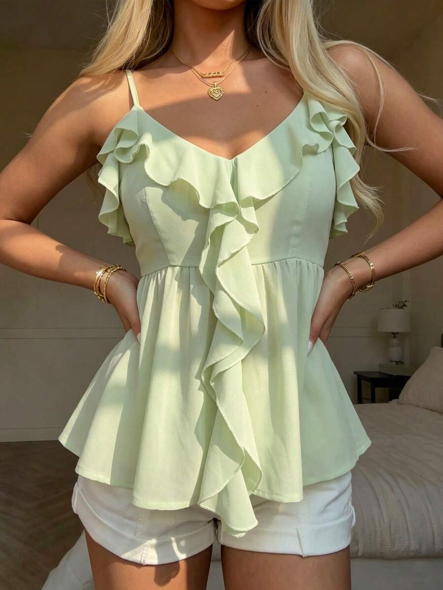 CovetEZ Áo camisole nữ màu trơn, viền bèo nhún, kiểu dáng thường ngày, đa năng. - màu xanh lá - Xem 1