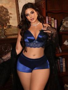 Divavoom 大码性感蕾丝边内衣套装 - 文胸和内裤 - 藏蓝色 - 查看 4
