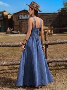 Breezaya Women's Casual Single-Breasted Strap Denim Dress - Blue - View 4