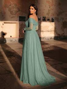 Aureia Plus Size Sage Green Elegant Summer Formal Prom Dress, Off-Shoulder Sheer Long Sleeve Pearl&Rhinestone Mesh Patchwork A-Line Wedding Gown - Mint Green - View 4