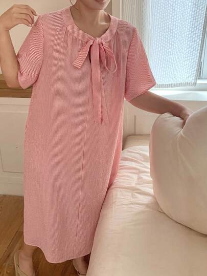 Dazy Plus Plus Size Women's Plaid Collar Tie Bow Loose Mid-Length Nightgown, Pink, Spring/Summer