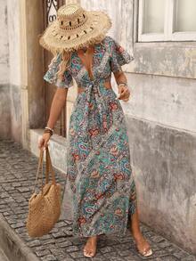 Brillora Vestido Longo Boho Feminino com Estampa Retrô de Paisley, Vestido com Decote em V, Manga Curta Flutuante, Recorte na Cintura, Nó na Frente e Fenda Lateral, Perfeito para Férias na Praia - Verde - Visão 6