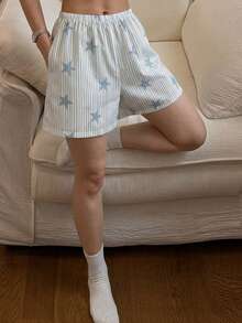 DAZY Star Striped Pattern Loose Short Pajama Pants, Women Summer Sleepwear Bottom - Blue - View 3