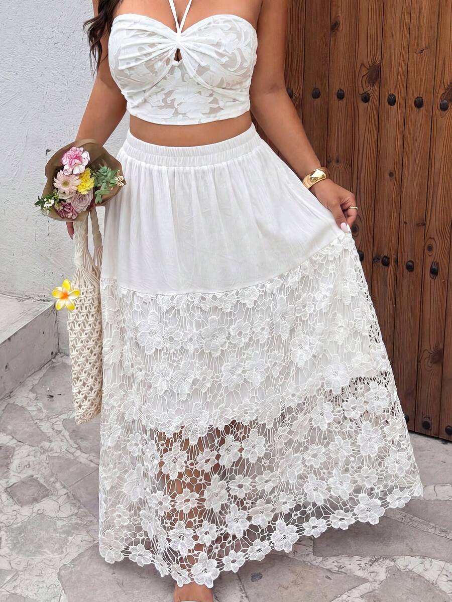 Modelyn Spring & Summer Elegant Casual Lace Patchwork Waist Flared A-Line Layered Hem Plus Size Women Skirt - White - View 1