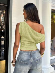 Aloruh 女士纯色不对称领休闲百搭日常穿搭T恤 - 綠色 - 查看 2