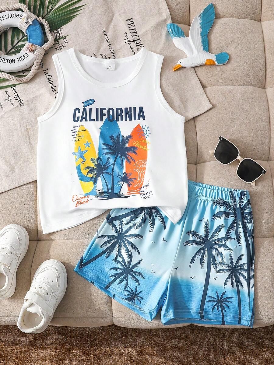2pcs/Set Young Boy Casual Surfboard & Palm Tree Graphic Soft Sleeveless Vest And Shorts Set, Suitable For Summer Daily Wear, Holiday Beach Vacation - Baby Blue - View 1