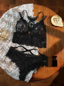 Divavoom 2pcs Plus Size Lace Lingerie Set - Black - View 4