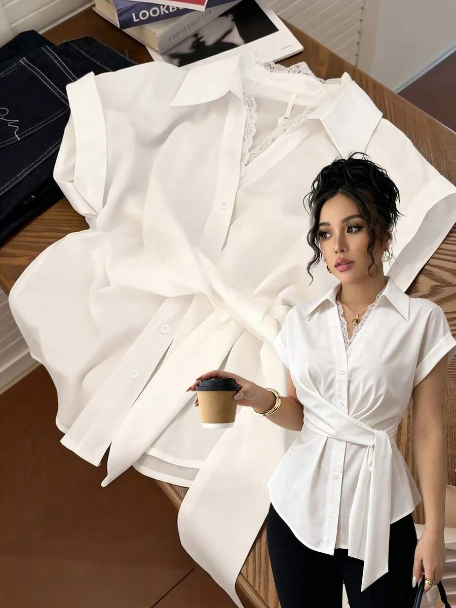 GlowEve 不对称蕾丝边领衬衫，夏季小众系腰短袖上衣 - 白色 - 查看 1