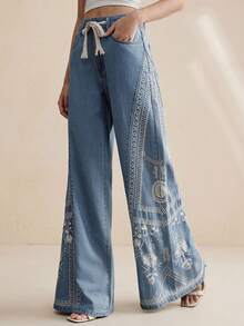 Anewsta Women's Elegant Embroidered Bohemian Style Wide Leg Casual Jeans, Romantic For Party, Vacation, Spring/Summer - Blue - View 7