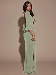 SHEIN BAE Women's Solid Color Stand Collar 3/4 Sleeve Ruffle Tie Waist Fitted Elegant Dress - Mint Green - View 2